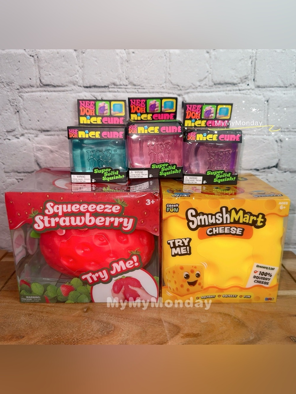 NeeDoh Nice Cube & Sunny Days Jumbo Strawberry Squishy & Cheese Squishy Bundle